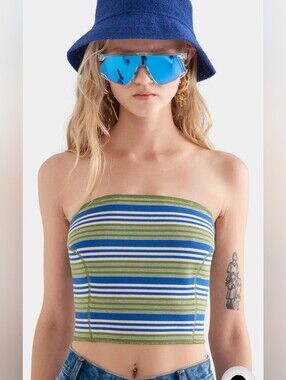 NWT Venroy Strapless Jersey Bustier Striped Tube Top - Blue & Green. Small
